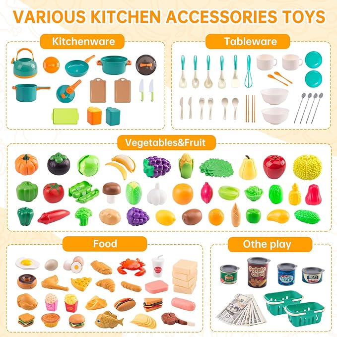240Pcs Kids Mini Play Kitchen Accessories, Play Pans, Pots, Cookware with Desserts, Cuttable Veggies & BBQ Set & Storage Basket, Prop Money, Learning Gift for Child，Toddlers, Child, Green