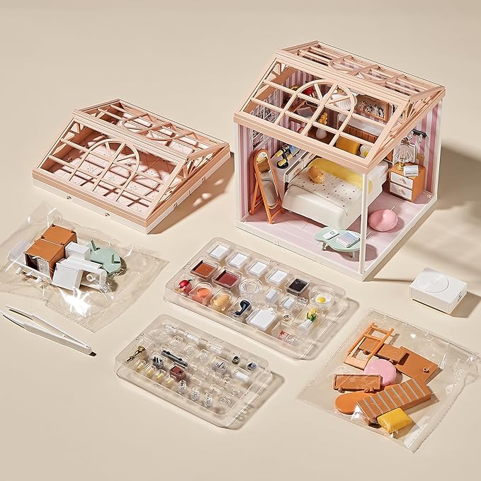 DIY Play Miniature Bedroom Kit – 82Pcs 1:20 Scale Cozy Dollhouse Room Toy with LED Light & Blister Packaging, Connectable Tiny House Model for Kids 8+ & Teens