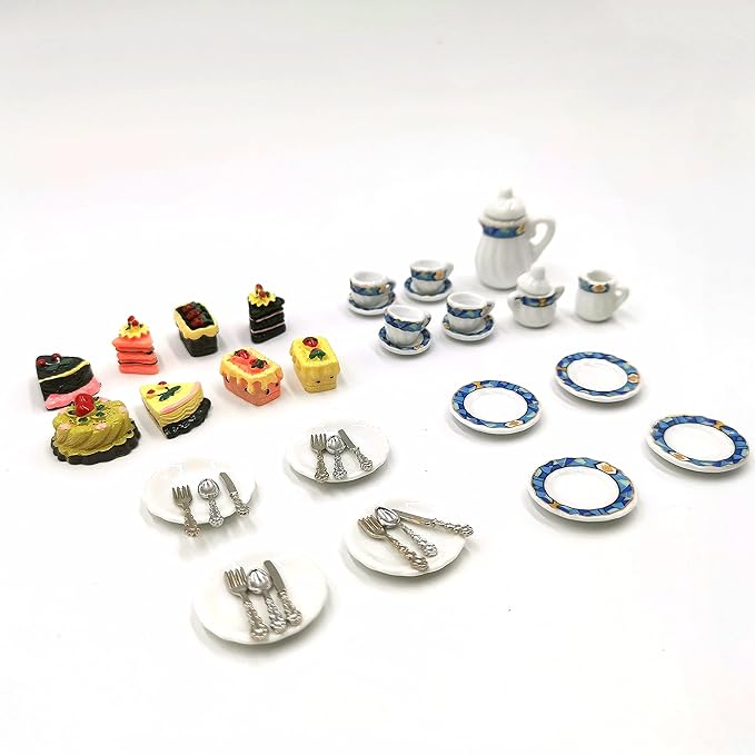 Dollhouse Decoration Accessories, 1:12 Dollhouse Miniature Scene Model Tea Cup Set Cake Mini Doll Plates Knife Fork Spoon