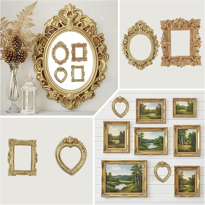 12 Pcs Miniature Dollhouse Accessories Gold Foil Mini Picture Frames Set Dollhouses Ornaments for Crafts Victorian Baroque Style Dollhouse Frames in Gold Silver White for 1/12 Scale Display