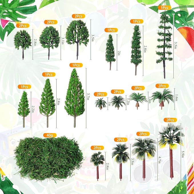 Tigeen 28 Pcs Model Trees Mixed Model with 1.4 Ounce Faux Green Moss Decor Tree Train Scenery Architecture for DIY Crafts, Building, Scenery Landscape (Palm Tree)