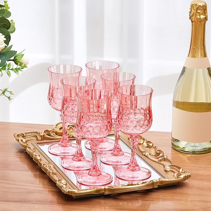 Pinkunn 50 Pcs 7 oz Plastic Vintage Wine Glasses Reusable Colored Goblets Patterned Drinking Water Glasses Cup Dishwasher Safe for Valentine's Day Wedding Reception Party Supplies (Pink)