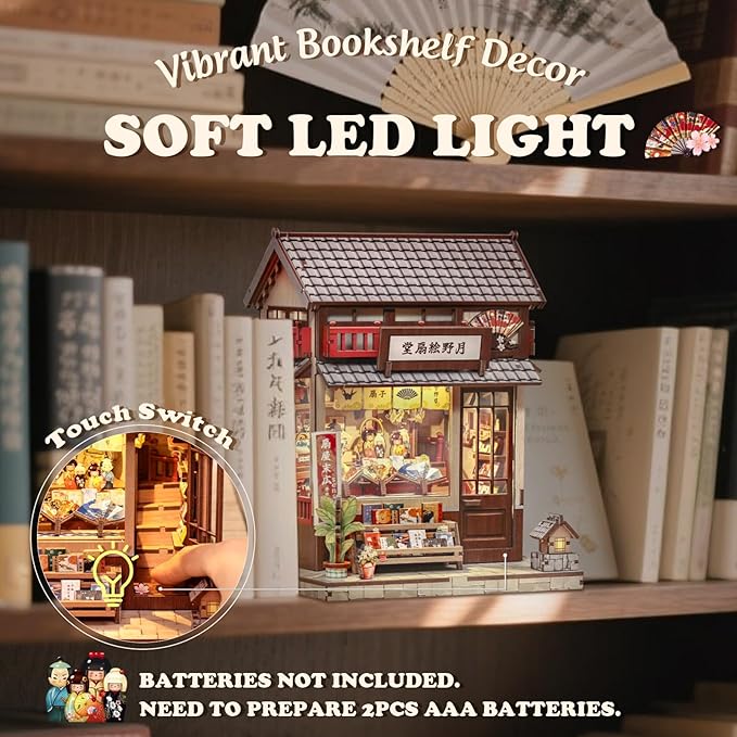 Cutefun Book Nook Kit - DIY Miniature House Kit for Adults, Teens and Beginners, Japanese Booknook Tiny House Bookshelf Decor 3D Wooden Puzzles, Gifts for Friends & Family (Folding Fan Shop)