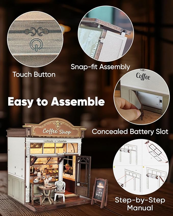 DIY Miniature House Kit – Mini Dollhouse Kit with LED for Beginners Adults, Book Nook Model Building Craft Diorama Kits Ideal Christmas Birthday (Coffee Shop)