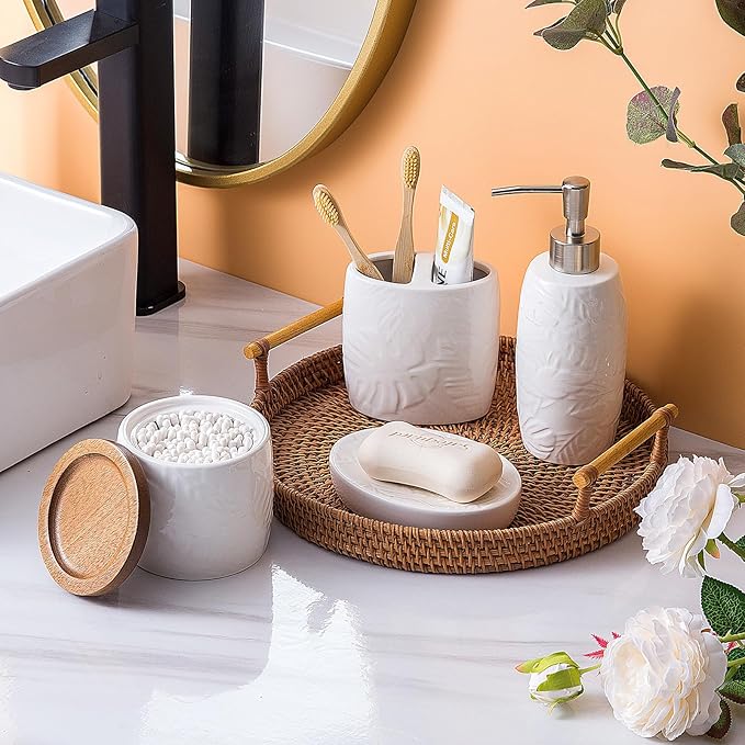 Bathroom Accessories Set,Leaf Design Bathroom Accessory Set,4 PCS Ceramic Gift Set Apartment Necessities, Contain Cotton Swab Jar,Soap Dispenser,Soap Dish,Tumbler White
