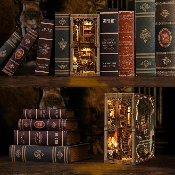 Book Nook Kit - DIY Miniature Dolls House Kit with Furniture and LED Light, 3D Puzzle Wooden Art Bookends, Model Kits for for Adults and Teens (Ancient Books)