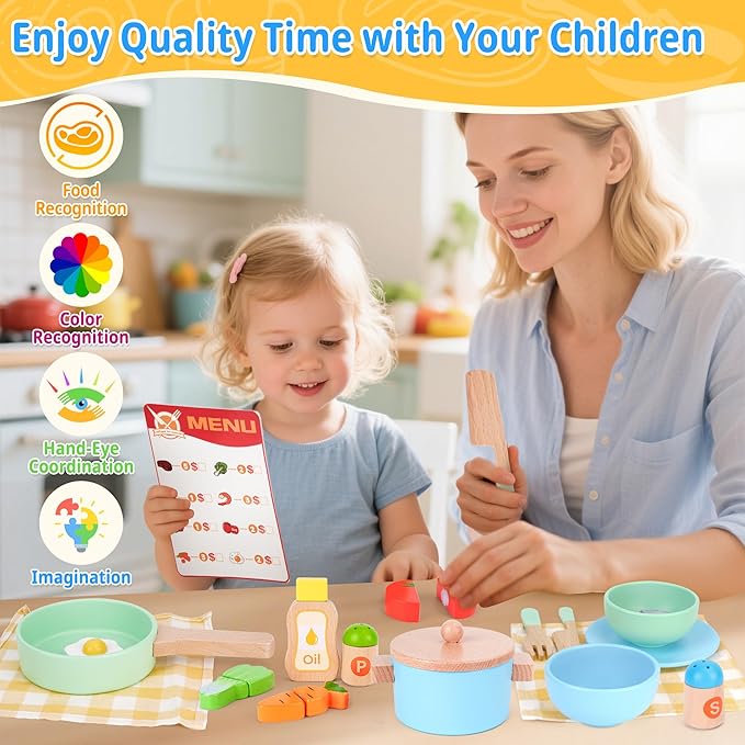 Wooden Play Food Kids Cooking Sets, Play Kitchen Accessories Pretend Play Toys for Toddlers, Kids Kitchen Playset Including Play Dishes, Pot and Pan, Utensils, Gift for Girls Boys 3 4 5 Years Old