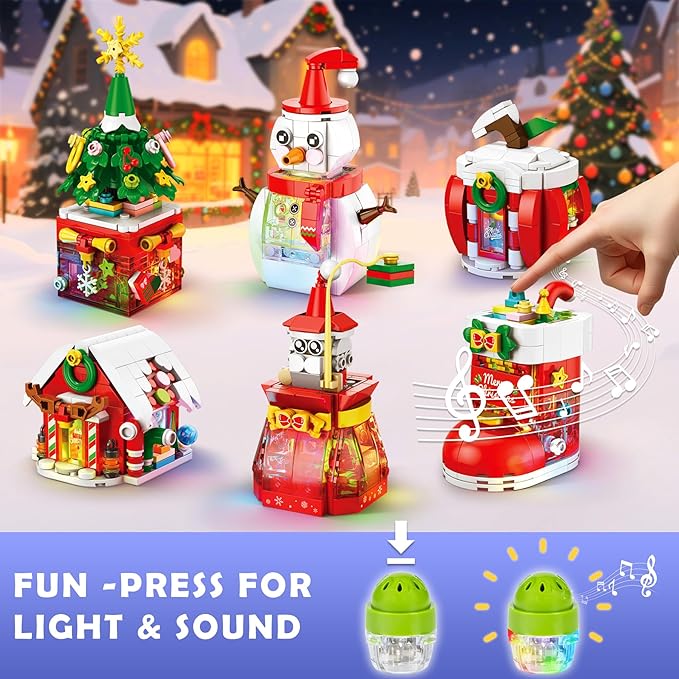Christmas Building Blocks Set with Lights & Music - 6 Pack Christmas Ornaments - Santa Gift Bag, Snowman, Xmas Tree, Stockings, Apple House & Winter Cottage Building Blocks Gift Idea