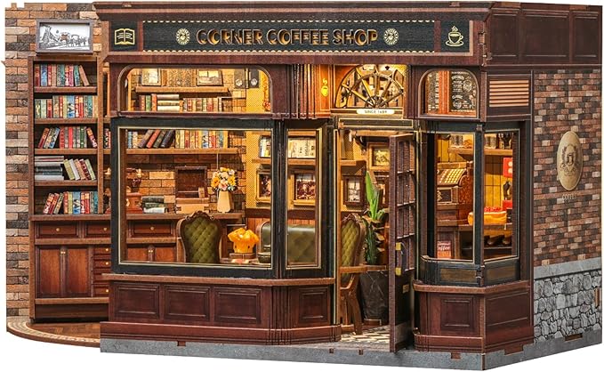 Fsolis Book Nook Kit - DIY Bookshelf Miniature Kit for Adults 3D Puzzle Booknook Bookstore Bookshelf Diorama Cafe Shop Tiny House with Cat, Craft Gifts for Women Book Lovers (Corner Coffee Shop)
