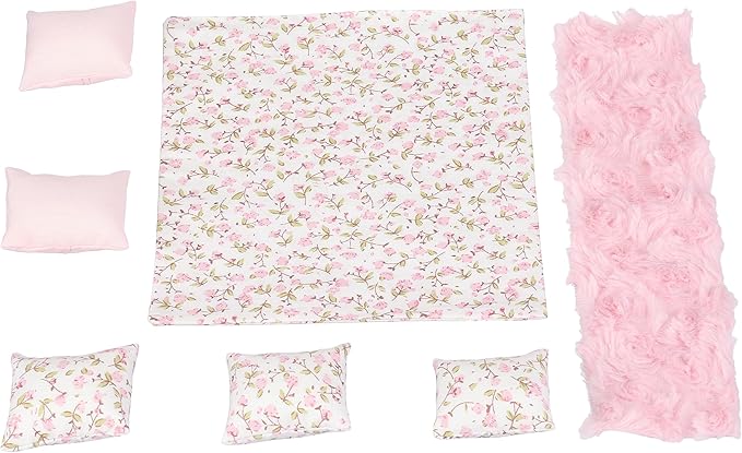 7 Piece Dollhouse Bedding Set, Comforter Blanket, Pillows and Bed Runner, 1/12 Scale Dolls Bed Linen (Pink Set)