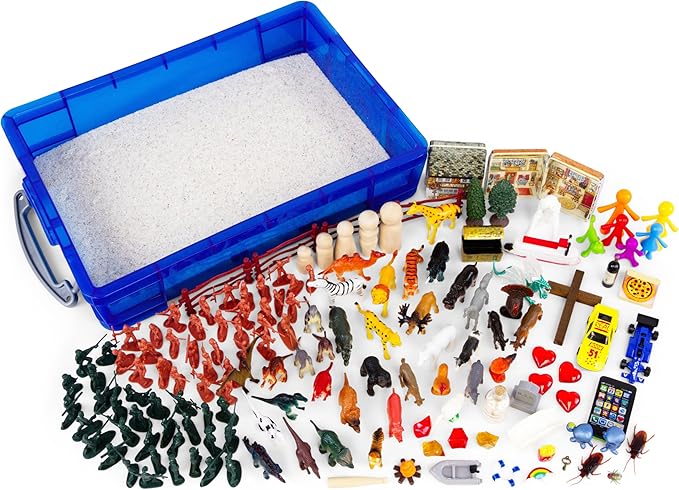 PTS Games Play Therapy Sand Tray Basic Portable Starter Kit with Tray, Sand, and 150+ Miniatures
