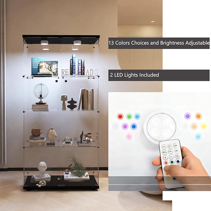 Glass Display Cabinet with Lights and Lock, 4-Tier Display Case Curio Cabinet with Glass Door, Floor Standing Showcase for Living Room Bedroom Home Office 31" W x 14.3" D x 64.5" H