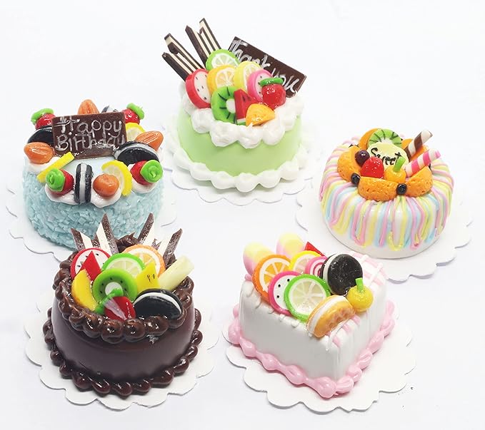 Mixed 5 Assorted Miniature Cakes Dollhouse Food Set, Handmade 1/6 Scale Fake Dessert, 1 Inch Cake Accessories for Collectors & Diorama