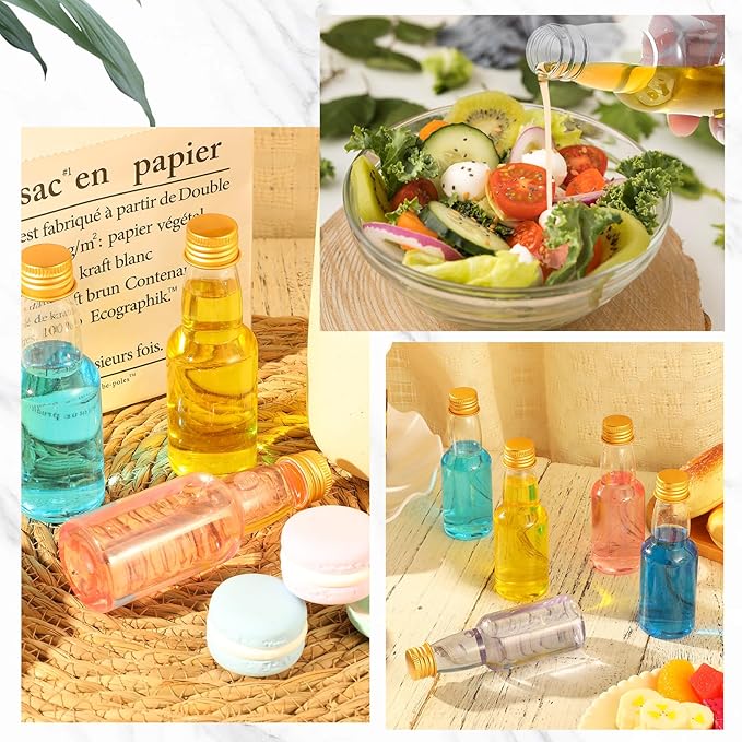 80 Pcs Mini Liquor Bottles, Plastic Spirit Bottle, 2 oz Mini Empty Plastic Alcohol Shot with 5 Funnels, and Miniature Airtight Bottles for Party Favors, Weddings (Gold)