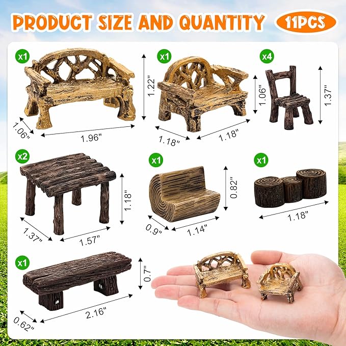 11Pieces Fairy Garden Furniture Ornaments Miniature Table and Chairs Set Village Micro Resin Bench Chair Kit for Dollhouse Accessories Home Micro Landscape Decoration (Vintage Style)