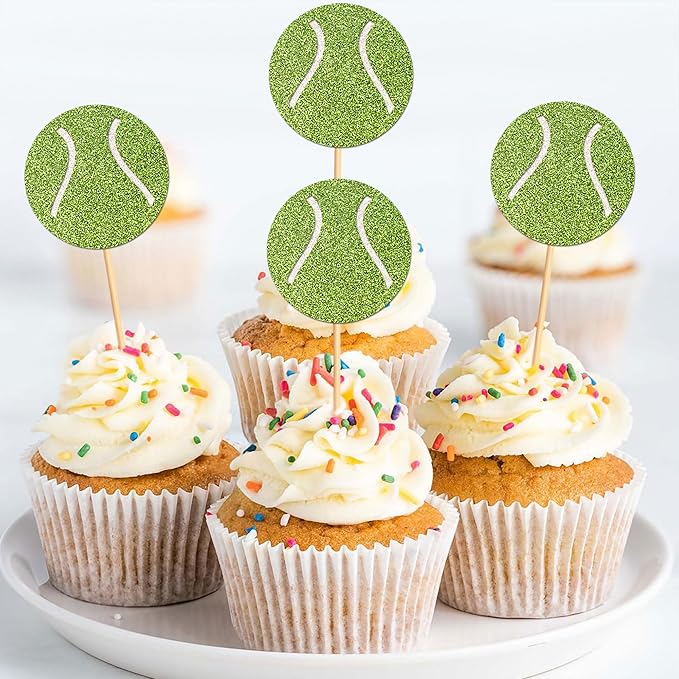 24 Pcs Tennis Cupcake Toppers Sports Ball Tennis Cupcake Picks Tennis Birthday Party Decorations Cake Decor for Sports Balls Theme Boys Girl Birthday Party Supplies