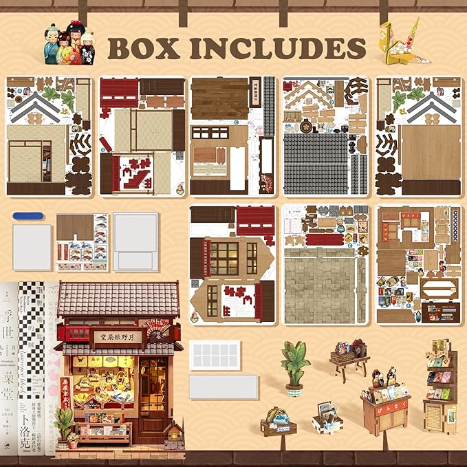 Cutefun Book Nook Kit - DIY Miniature House Kit for Adults, Teens and Beginners, Japanese Booknook Tiny House Bookshelf Decor 3D Wooden Puzzles, Gifts for Friends & Family (Folding Fan Shop)