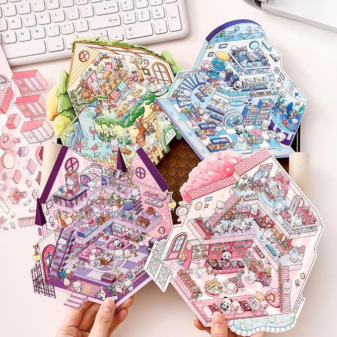 DIY 3D House Stickers Kit - 4 Sets Fun Large House Isometric Stickers Room Cartoon Scenes for Adults, Creative Art for Stress Relief, Pass The Time,Home Decoration, Relaxation Gifts(A2)