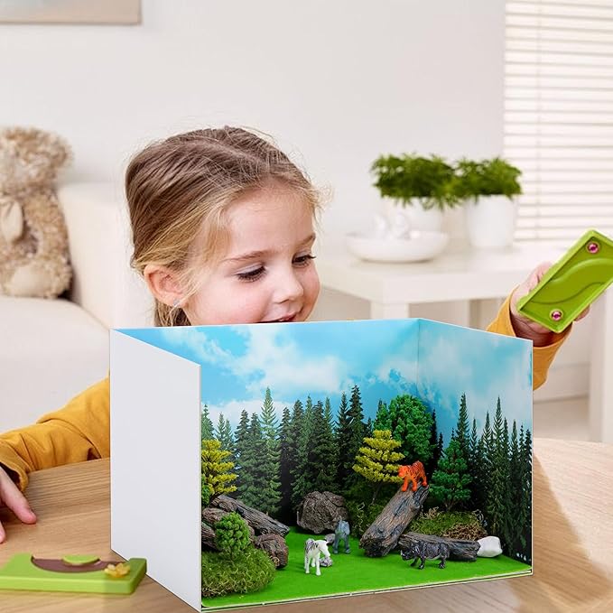 codree 4 Pcs Jungle Style Diorama Box and Fake Grass Decor, Rainforest Diorama Supplies Project Box Set, Cardboard Diorama Kit & Artificial Grass with Double Sided Tapes for DIY Crafts Toys Dollhouse