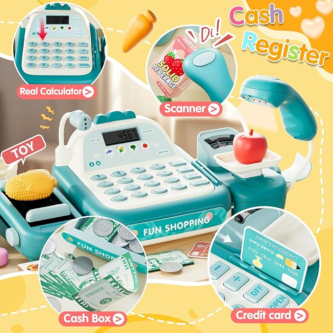 49PCS Pretend Play Cash Register Toy Set for Kids with Real Calculator,Scanner,Microphone,Conveyor Belt,Weighing Tool,Cashier Playset Realistic Gift for Toddler Kid Ages 3 4 5 6 7 8 (Green)