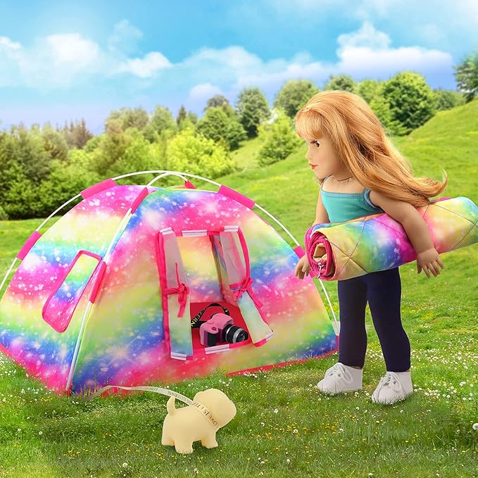 ZITA ELEMENT 7 Items Fashion Camping Tent Set for 18 Inch Girl Doll Accessories - Including 18 Inch Doll Camping Tent, Sleeping Bag, Clothes Set, Shoes, Camera, Eye Glasses and Toy Dog