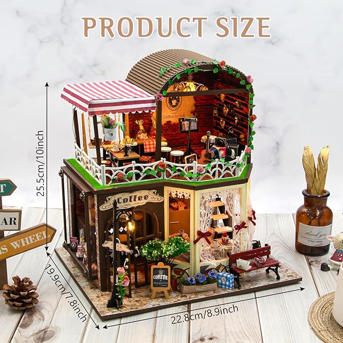 DIY Miniature House Kit, Dollhouse Kit with LED Light, Mini House Building Kits for for Adult to Building, Christmas Home Decorations Gifts for Family and Friends, Coffee Bar