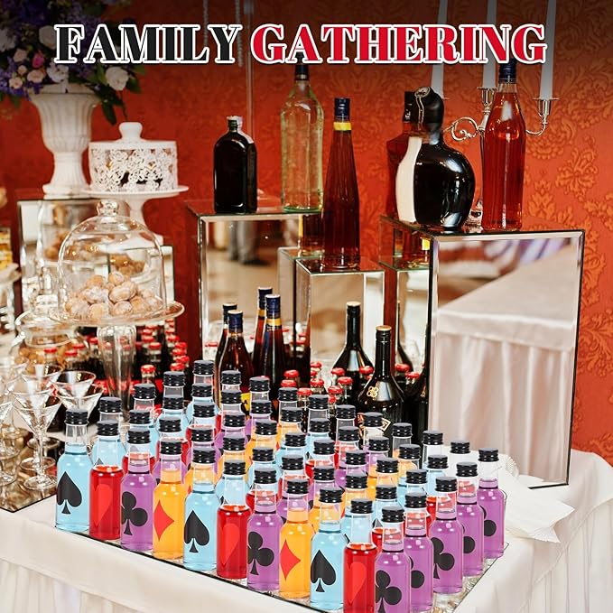 Romooa 60 Pack Casino Mini Liquor Bottles Set Poker Party Decor 1.6oz Las Vegas Shot Bottles with Caps, 10 Funnels, 60 Labels Casino Game Night Decoration Birthday Christmas Party Favor Gifts Supplies