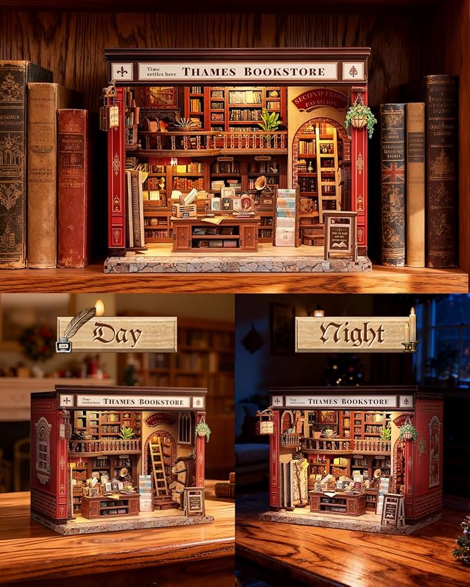 CUTEBEE Book Nook Kit - DIY Miniature House Dollhouse Kit for Adults and Teens, Booknook Tiny House Bookshelf 3D Wooden Puzzle, Gifts for Family (Thames Bookstore)