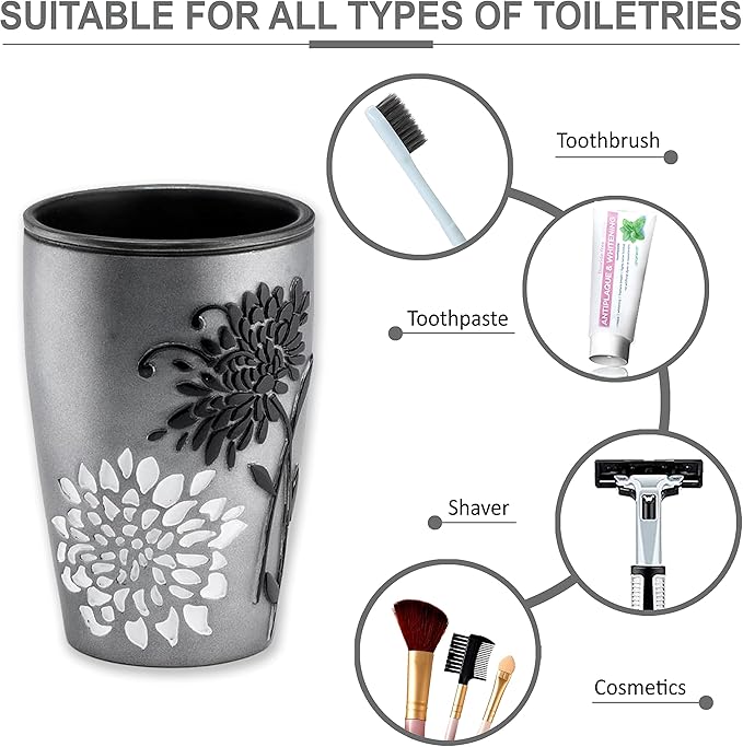 Zahari Home 4pc Erica Bathroom Accessories Sets Modern Classic Soap Dispenser, Tumbler, Tooth Brush Holder and Soap Dish Holder Unique Design Grey Bathroom Set