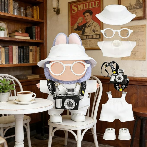 17cm Doll Clothes Set, Hat & Overalls & Shirt & Shoes & Glasses & Camera Set for 17cm Accessories Suit, Stylish Dolls Clothes Accessories, Cute Clothes for Dress up Unique Style (White)