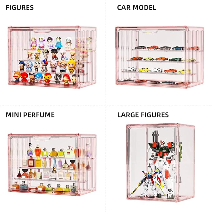 Clear Pink Acrylic Figure Display Case for Collectibles 4 Layer Hobby Figurine Display Shelf Cases Stackable Display Boxes with Shelves for Pop Mart, Action Figures, Model, 1 Pack