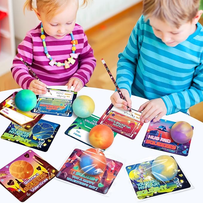 OCHIDO Valentines Greeting Cards for Kids, 24 Packs Valentines Day Cards with Slime Stretchy Squeeze Balls, Kids School Class Exchange Gifts, Classroom Prizes, Valentines Party Favor for Boy Girl