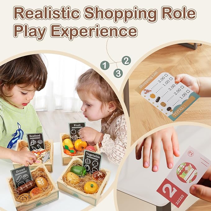 Food Groups, 36PCS Wooden Play Food Sets Play Kitchen Accessories, Grocery Store Pretend Play Realistic Toy Foods & 4 Crates & 6 Play Money & 9 Shopping Lists Pretend Food for Toddlers 1-3