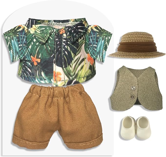 Clothes for 6.7inch /17cm Dolls (Without Dolls),Sets and Accessories,5pc Set（Straw hat+Shirt+Pants+Shoes+Vest,Suitable for Collectors and As Gifts.(Vacation-Green)