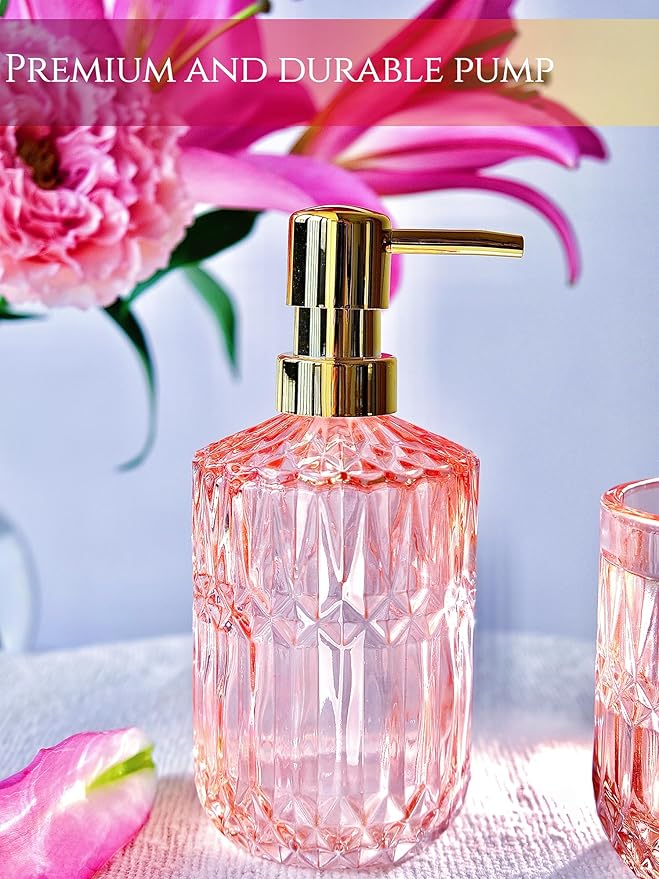 LaMarriti 5pcs Clear Glass Bathroom Accessories Set, Crystal Pink Bathroom Decor Set, Soap Dispenser, Toothbrush Holder Set, Soap Dish, Tumbler, Qtips Holder, Modern Decor for Bathroom, Gift Set