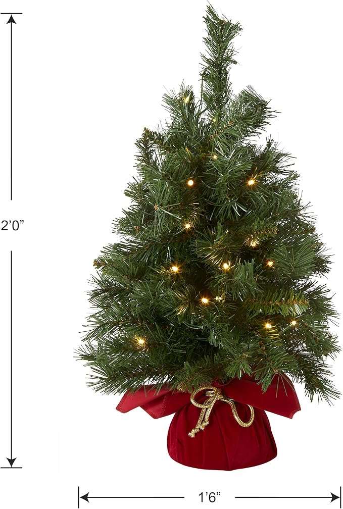 National Tree Company 24 in Pre-Lit Majestic Fir Mini Artificial Christmas Tree, 35 Warm White LED Lights, 71 Tips, Red Cloth Base, Timer, Green