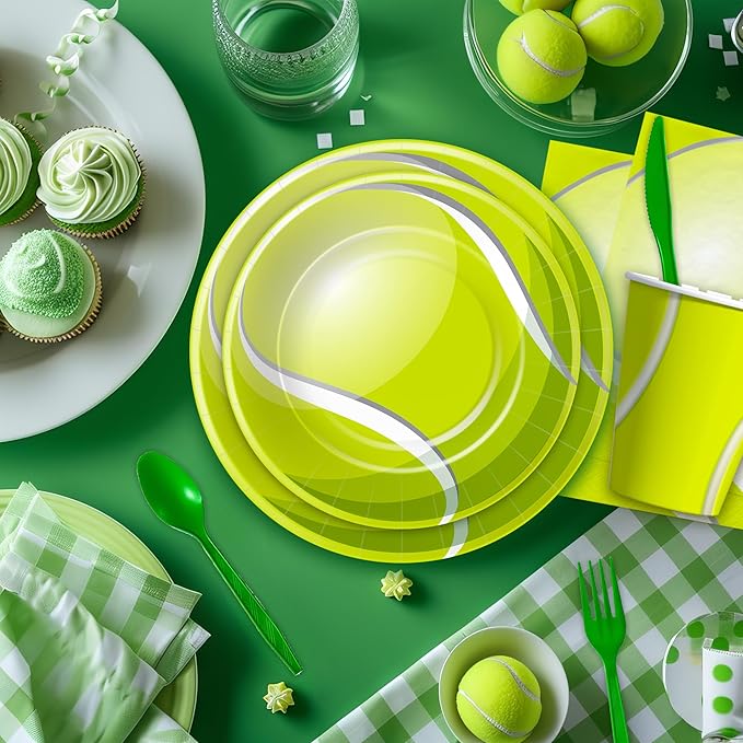 Xenorik Tennis Party Decorations Tableware for Birthday Baby Shower, Sports Ball Theme Tennis Birthday Party Supplies, Paper Plate, Cup, Napkin, Tablecloth, Disposable Cutlery, Serves 24