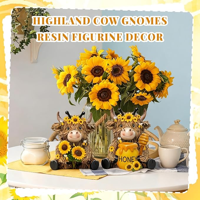 Burbell 2 Pack Bee Highland Cow Resin Figurine Summer Bee Bathroom Highland Cow Gnomes with Sunflower Starfish Resin Statue for Garden Table Shelf Home Decor Calf Gnome Herd Gifts