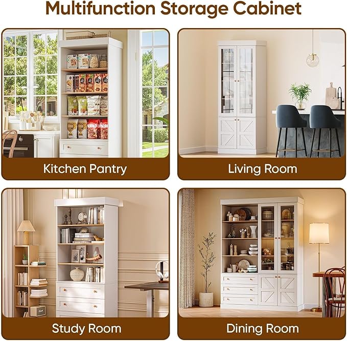 71" Tall Farmhouse Kitchen Pantry, Large Storage Cabinet with Adjustable Shelves and 3 Drawers, Versatile Hutch for Dining Room and Living Room, White, 2 Pcs