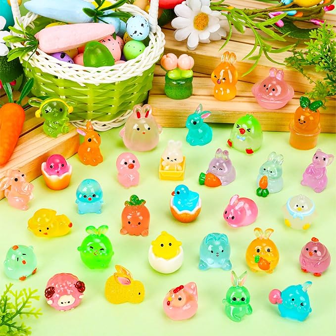 56 Pcs Easter Luminous Mini Resin Figurines 56 Style Glow in The Dark Little Small Resin Miniatures to Hide Bulk Bunny Chick Figures for Easter Party Favors Egg Fillers Micro Garden Landscape Decor