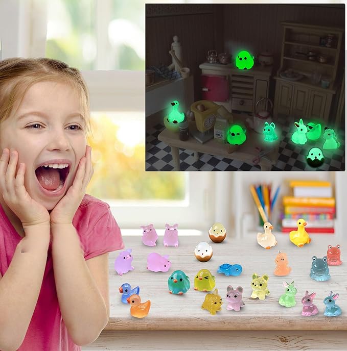 50 Pcs Luminous Mini Resin Animals, Glow in The Dark Tiny Ducks, Frogs, Birds, Rabbits, Cute Dollhouse Miniatures for Mystery Blind Bag, Crafts, Fairy Garden, Home and Office Décor