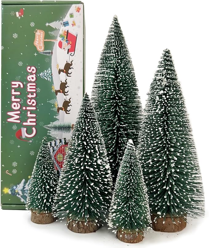 MTKZKAF 5 PCS Table top Christmas Pine Tree Bottle Brush Christmas Trees with Wooden Bases for Village Holiday Party Christmas Table Decor
