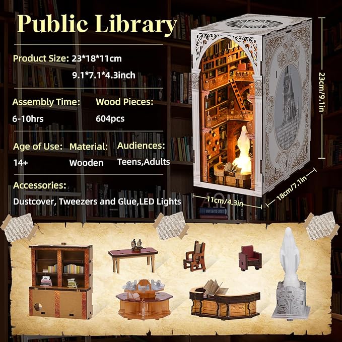 Book Nook Kit, DIY Miniature House Kit 3D Wooden Puzzle for Adults Booknook Kit with Dust Cover Book Decor Bookshelf Decoration Decorative Bookends Women Craft Gifts for Teens (Public Library)