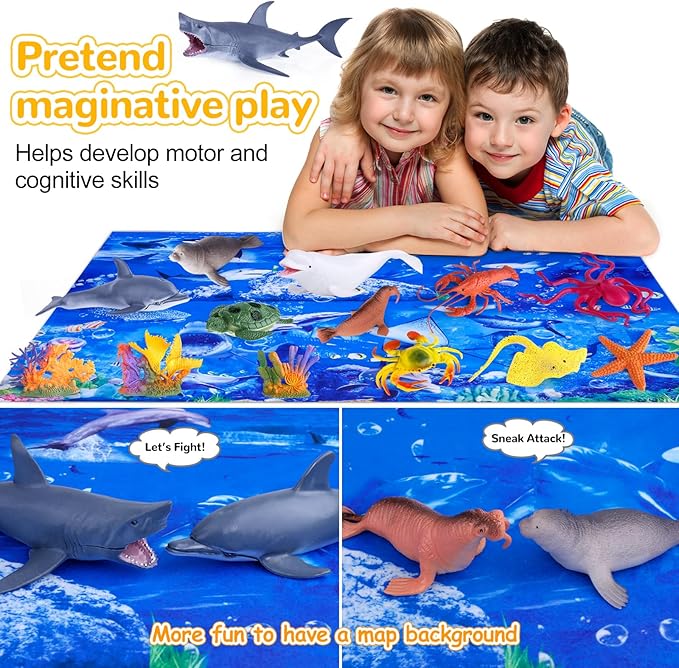 GINMIC Kids Ocean Animals Toys with Large Play Mat , 18 Pack Assorted Realistic Sea Animal Toys with Carrier Bag Including Shark, Whale, Dolphin etc, for Toddler, Boys & Girls Ages 3-8