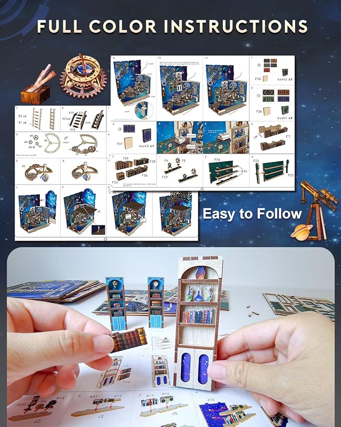 Book Nook Kit Interstellar, DIY Booknooks Kit for Adults Teens with Sensor Lights, Bookshelf Diorama Miniature Scenes Insert Decor, 3D Wooden Puzzle Miniature House Kit Gifts