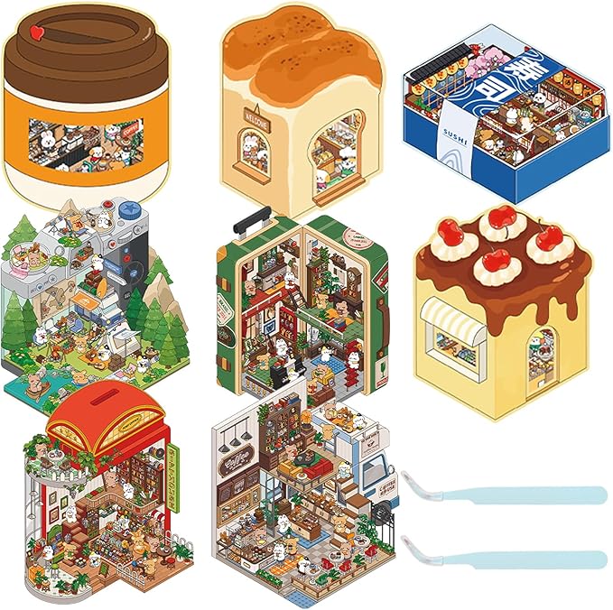 DIY 3D Sticker Scene, 8 Sets Fun DIY 3D House Stickers, Make Your Own Mini Room Scenes, Cute Cartoon 3D Miniature Scene Stickers Book, 3D Sticker Therapy for Adults Kids Relief Stress Pass The Time