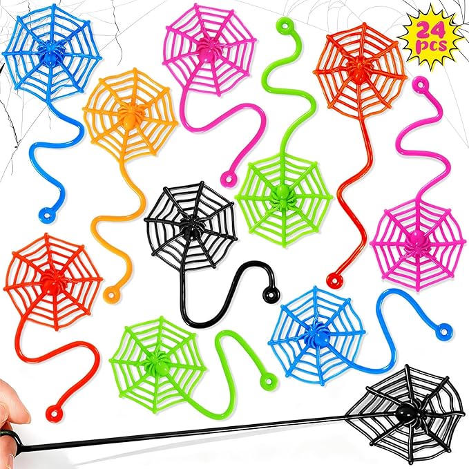 24 PCS Sticky Spider Web for Kids, 7.6 Inches Cobweb Sticky Hand Toys, Halloween Spider Party Favors for Goodie Bag Stuffers, Birthday, Classroom Prizes Supplies (6 Colors)