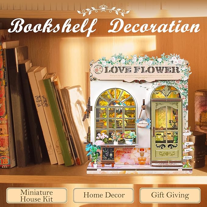 Book Nook Kit – DIY Miniature House Kit with LED Light, 3D Wooden Puzzle Bookshelf Insert Decor, Flower Shop Style Booknook for Adults and Teens, Creative Gift Idea