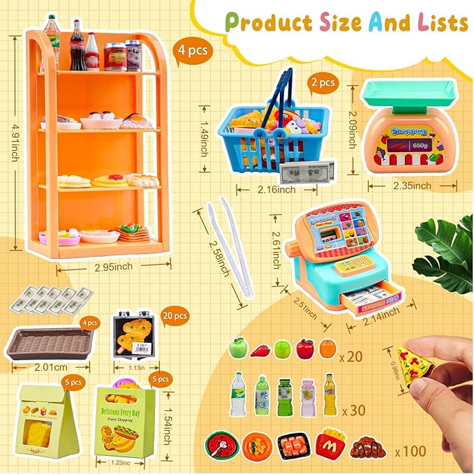 199PCS Mini Shopping Basket Cash Register Cake Donuts Storage Box Shelves Miniature Food Drink Toy Supermarket Metal Handcart Dollhouse Store Grocery Dessert Shop Accessories Trolley Party Model