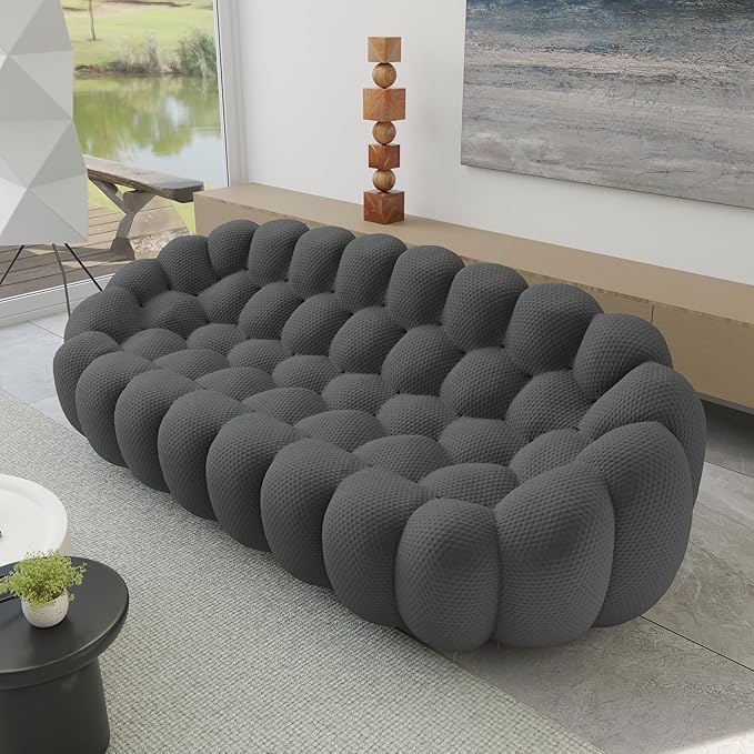JACH 3 Seater Bubble Curved Couch, 98.43'' Comfy Upholstered Sofa, Mesh Fabric Boneless Sofa, 3D Honeycomb Shape Modern Cozy Couch for Living Room, Office, Apartment, Small Space (Grey)